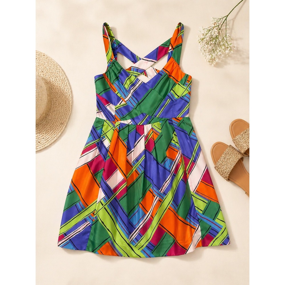 Leifsdottir Silk Abstract Geometric Print Fit Flare Dress Green Blue Orange 6
